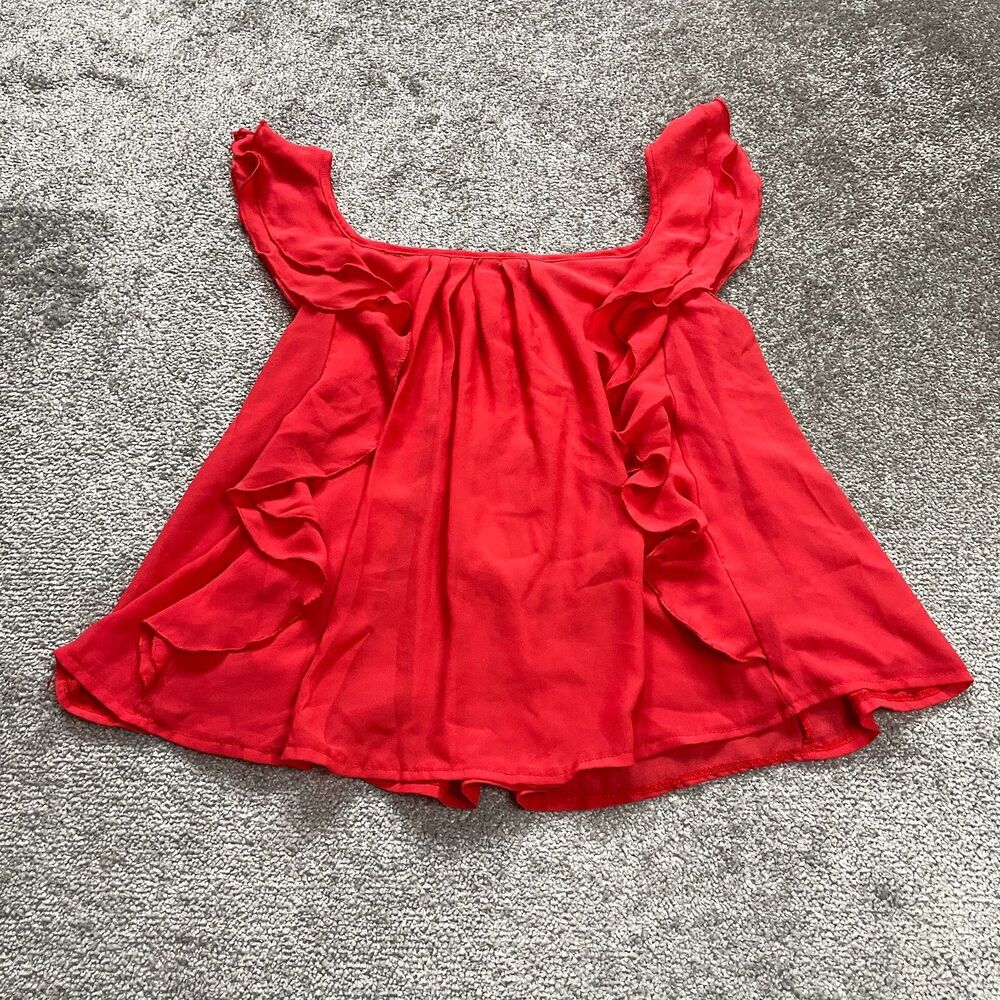 Tik Blouse Womens Small Red Solid Flowy Sleeveless Ruffles Chiffon Casual Top